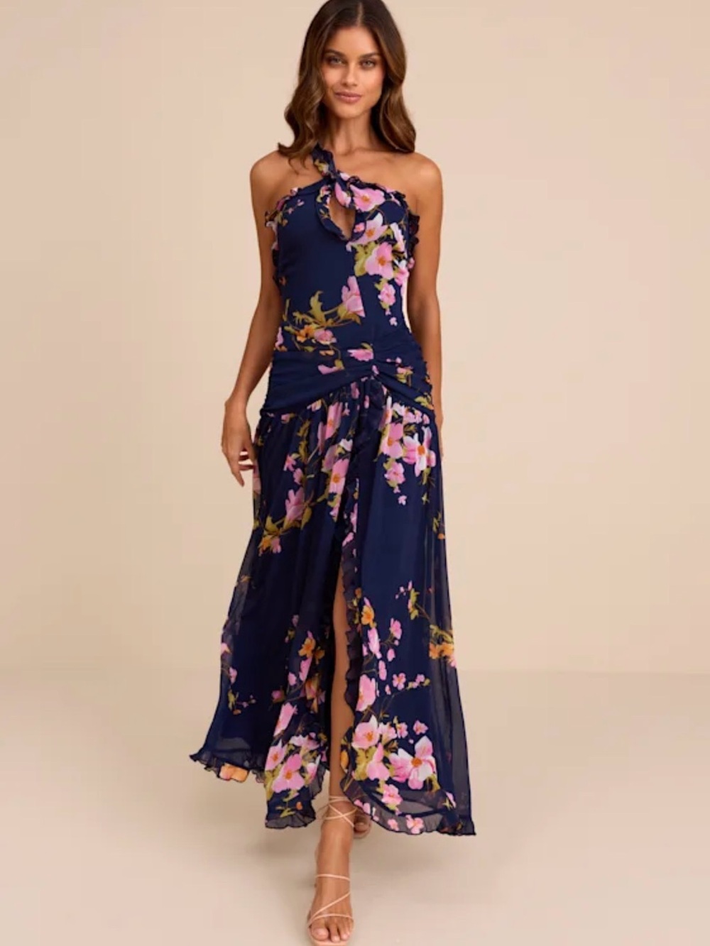 Alayda Navy Blue Floral Asymmetrical Ruffled Maxi Dress from Lulu’s